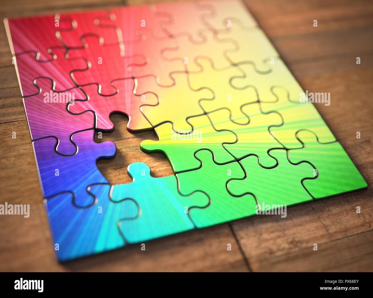 Farbige Puzzle mit einem fehlenden Stück. Mangel an dem Teil, der die Farben gibt. Stockfoto