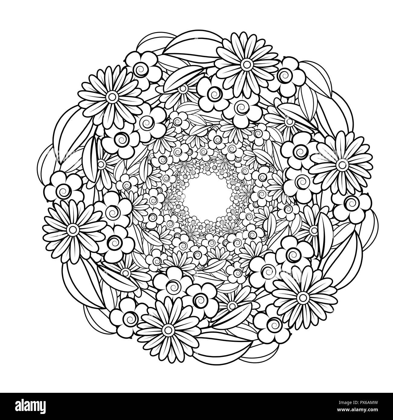 Nach Färbung mit Blumen Muster. Schwarze und weiße doodle Kranz. Florale Mandala. Blumenstrauß line Art Vector Illustration auf weißem Hintergrund. Rundes Design Element Stock Vektor