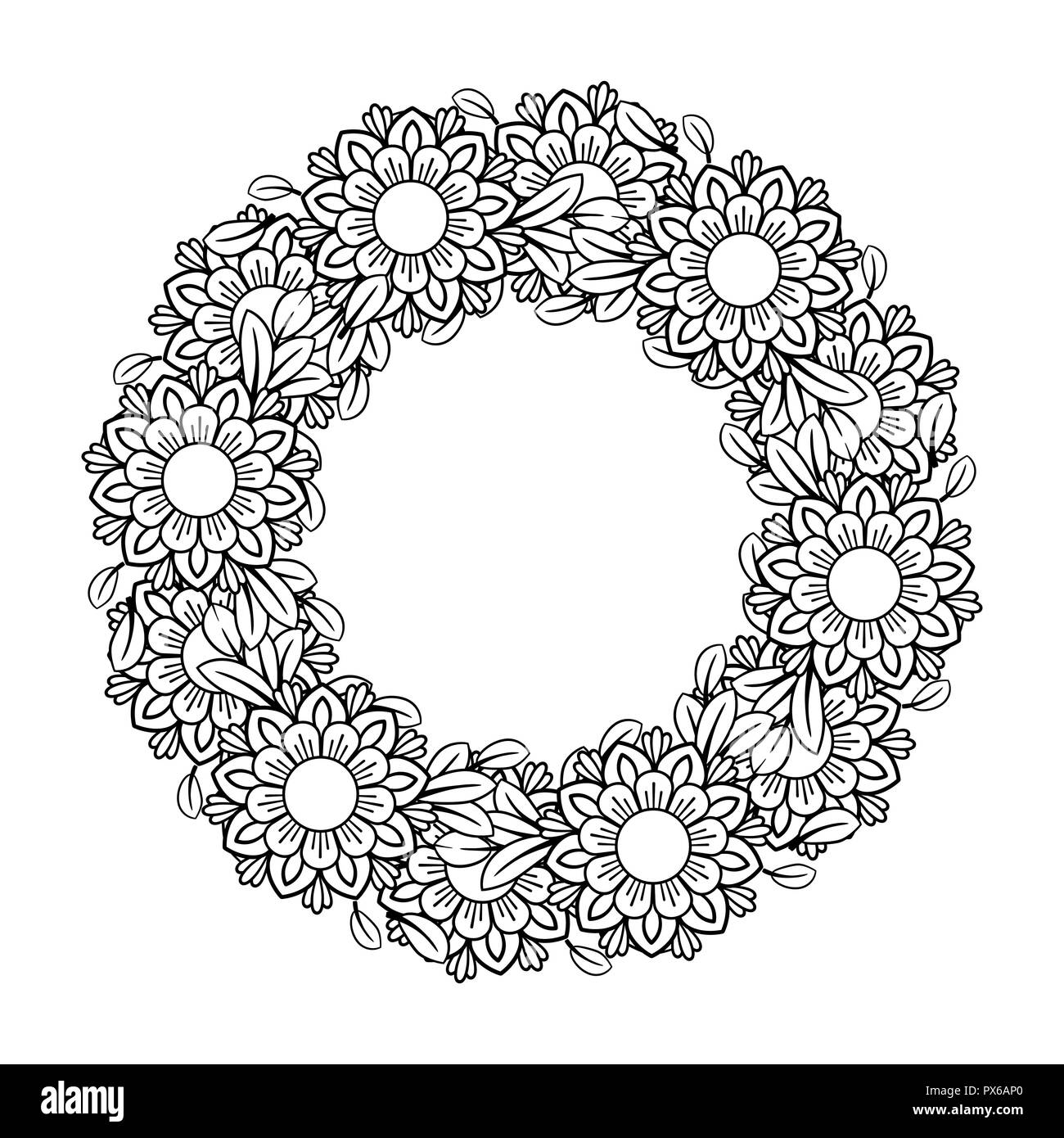 Nach Färbung mit Blumen Muster. Schwarze und weiße doodle Kranz. Florale Mandala. Blumenstrauß line Art Vector Illustration auf weißem Hintergrund. Rundes Design Element Stock Vektor