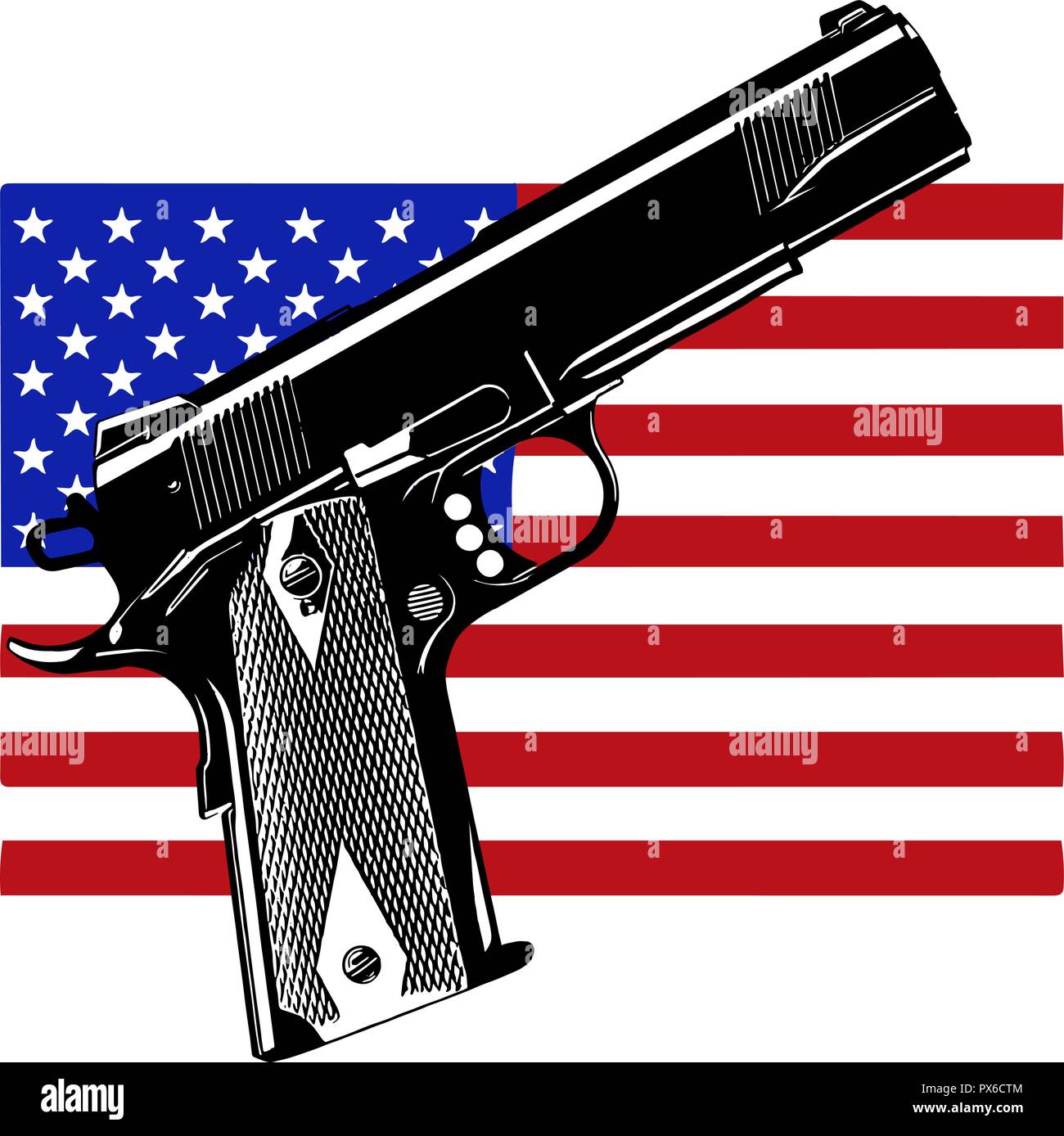Gewehr auf USA-Flagge - Fokus auf Gewehr - Waffen Problem in den USA Stock Vektor