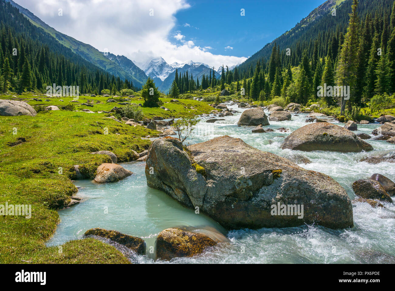 Schöne Berglandschaft mit einem turbulenten Fluss an einem Sommertag, Kirgisistan. Stockfoto