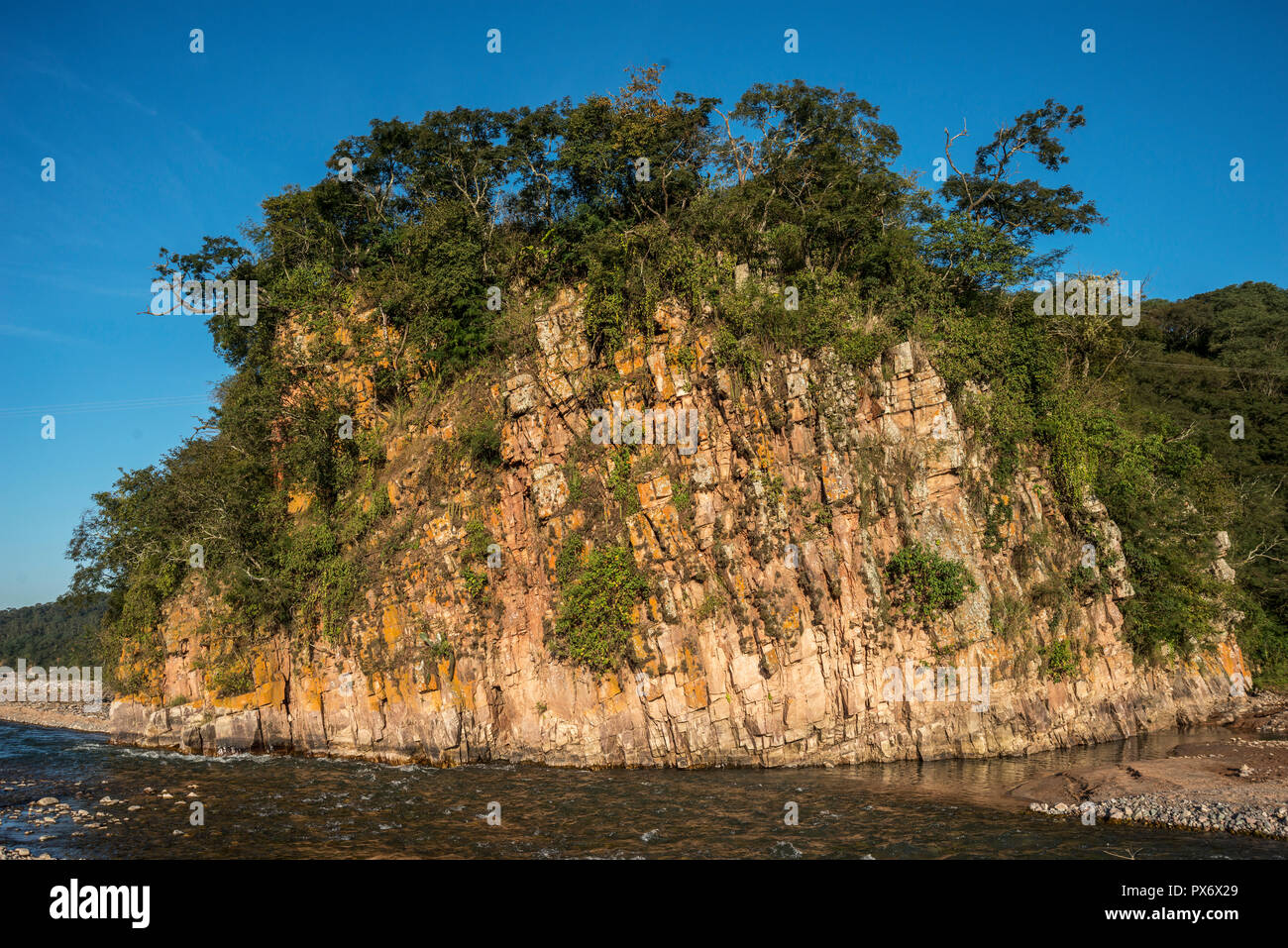 Natürliche Felswand mit Vegetation auf dem Fluss Stockfoto