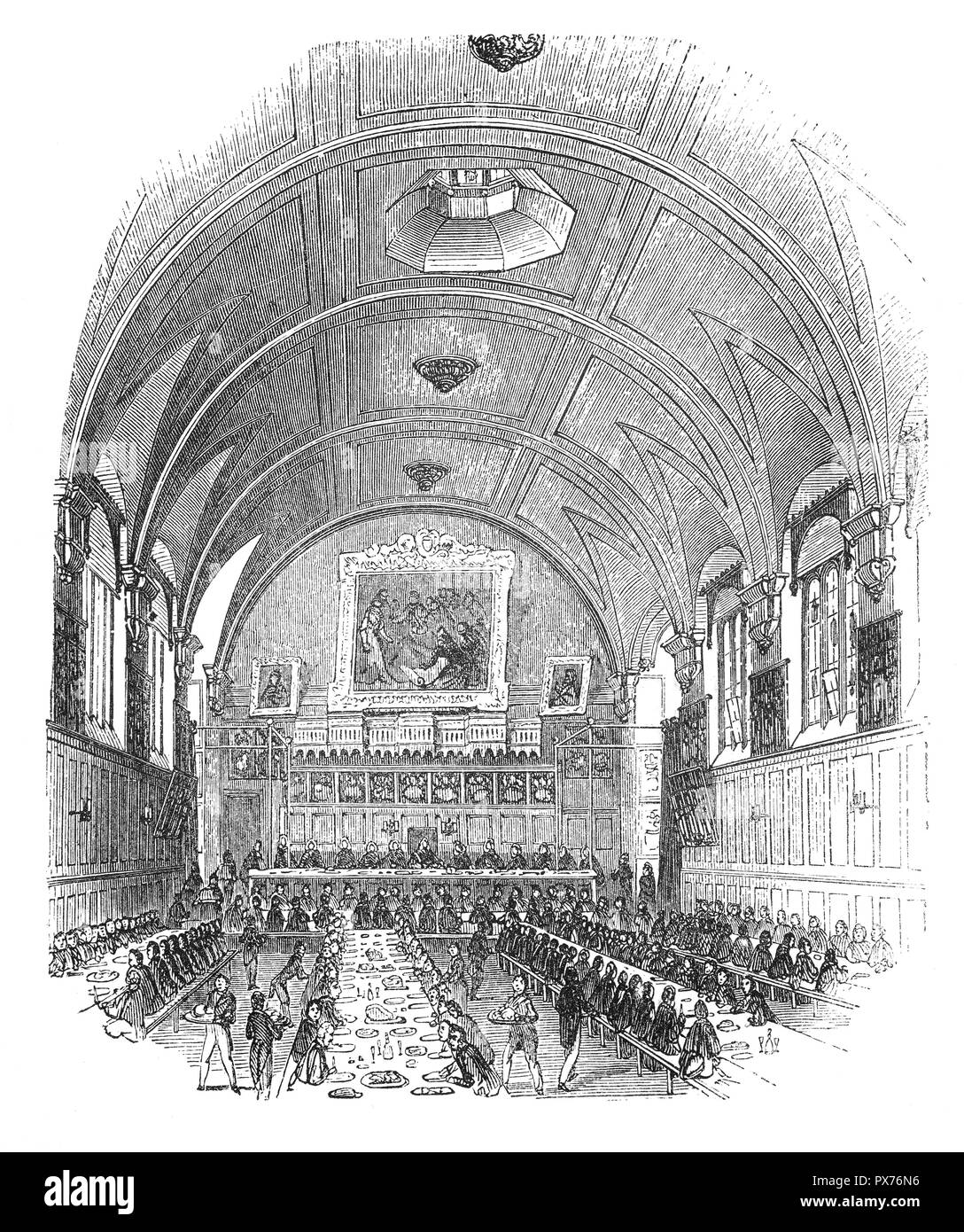 Die Halle der Ehrenwerten Gesellschaft von Lincoln's Inn, einem der vier Inns of Court in London, die Rechtsanwälte in England und Wales gehören und wo Sie sich an der Bar. (Die anderen drei sind Middle Temple, Inner Temple und Gray's Inn.) Lincoln's Inn ist eines der renommiertesten Fachverbände der Welt von Richtern und Anwälten. Es ist in Holborn, im Londoner Stadtteil Camden, direkt an der Grenze mit der Stadt London und Westminster. Stockfoto