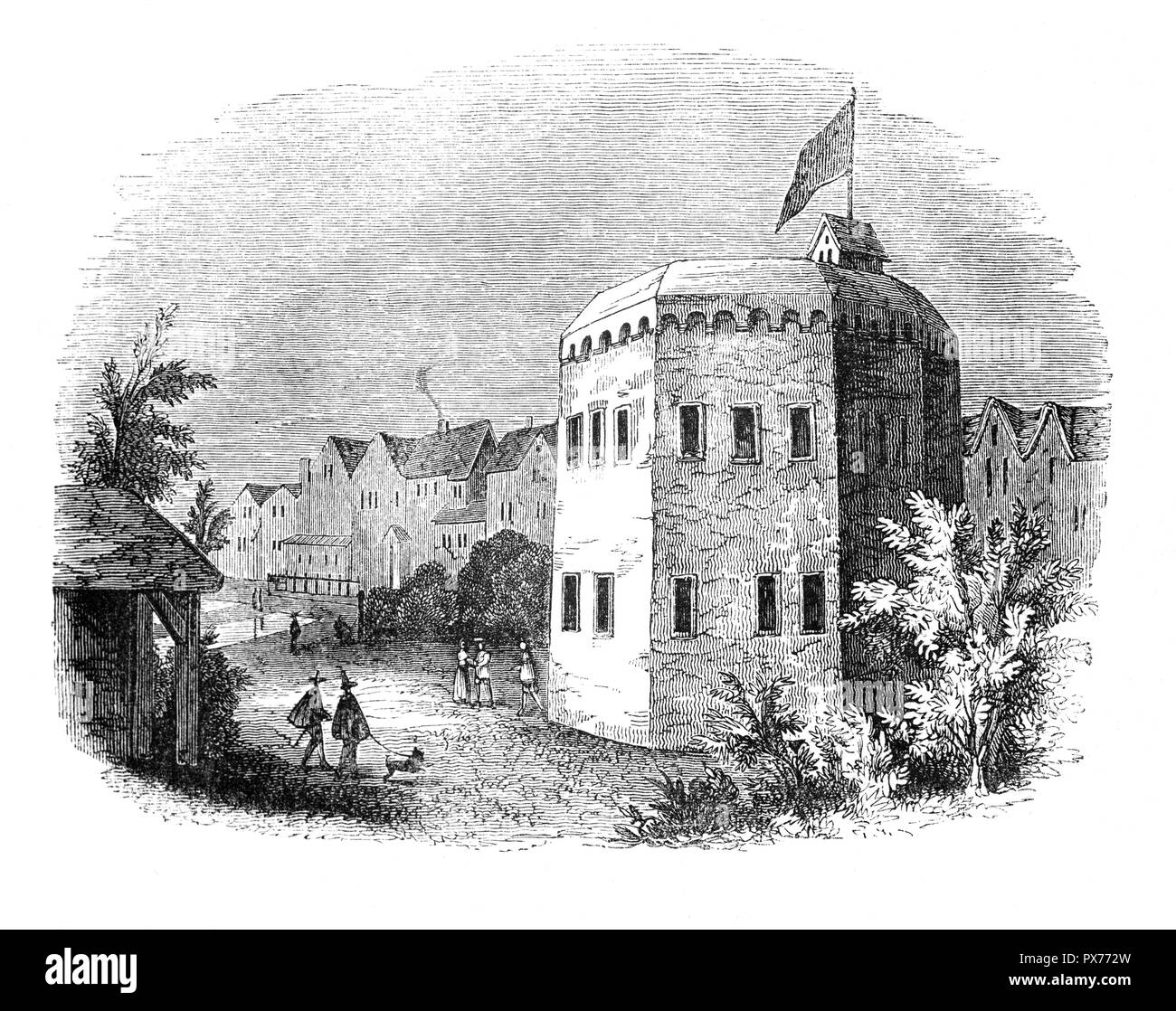 Das Globe Theatre ist ein Theater in Southwark, am Südufer der Themse, London, England im Zusammenhang mit William Shakespeare. Es wurde 1599 von Shakespeares spielen Unternehmen errichtete, den Lord Chamberlain's Men, wurde aber durch einen Brand am 29. Juni 1613 zerstört. Eine zweite Globe Theater war auf der gleichen Seite von Juni 1614 erbaut und durch eine Verordnung am 6. September 1642 ausgestellte geschlossen. Stockfoto