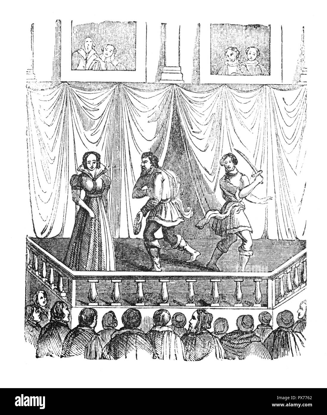 Die alte Bühne und Balkon im Globe Theatre ist ein Theater in Southwark, am Südufer der Themse in London, England. Es wurde 1599 von Shakespeares spielen Unternehmen errichtete, den Lord Chamberlain's Men, wurde aber durch einen Brand am 29. Juni 1613 zerstört. Eine zweite Globe Theater war auf der gleichen Seite von Juni 1614 erbaut und durch eine Verordnung am 6. September 1642 ausgestellte geschlossen. Stockfoto