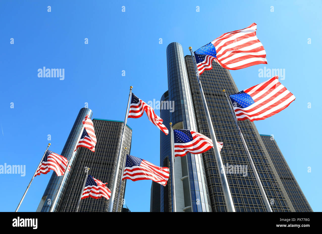 Die Wolkenkratzer des Renaissance Center, auf Detroit Riverfront, durch General Motors gehört, wie es die Welt HQ, in Michigan, USA Stockfoto