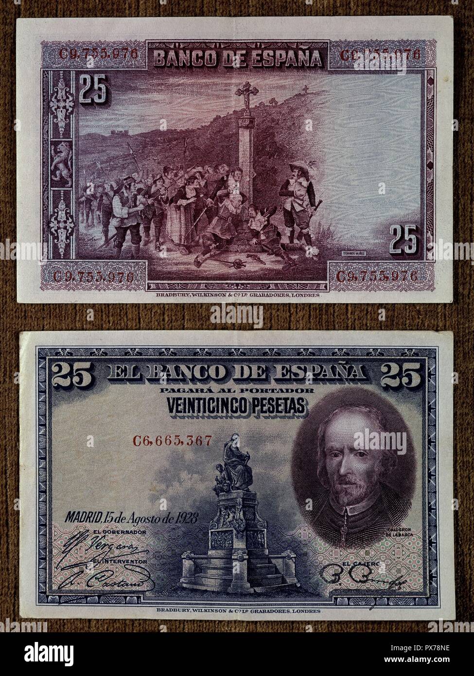 BILLETE DE 25 Peseten DE 1928 - CALDERON DE LA BARCA. Stockfoto