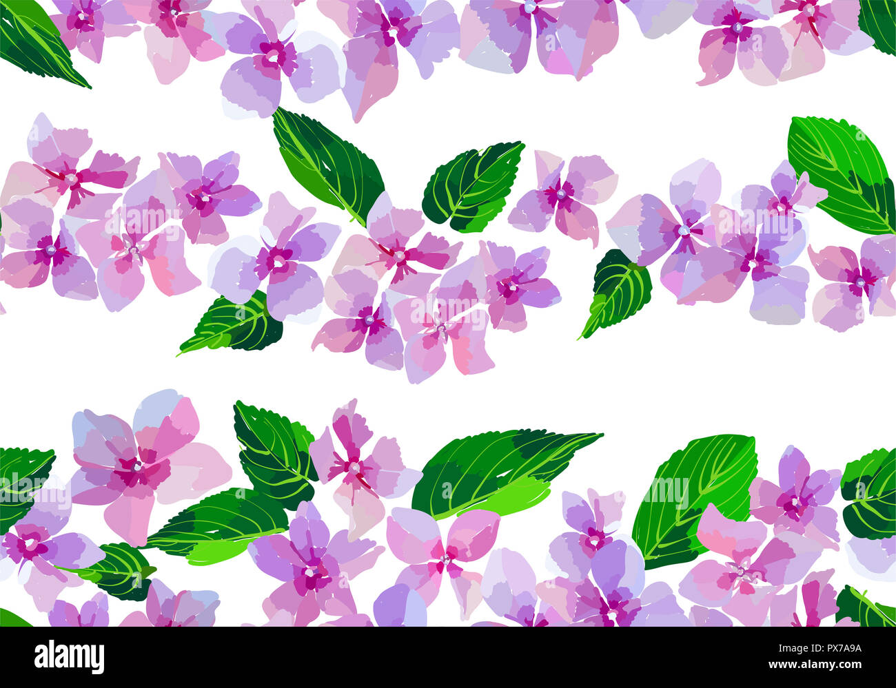 Lila Blumen nahtlose Muster. Kleine Blüten und Blätter Hand gezeichnet. Vector Illustration für Textil, Verpackung, scrapbooking. Stockfoto