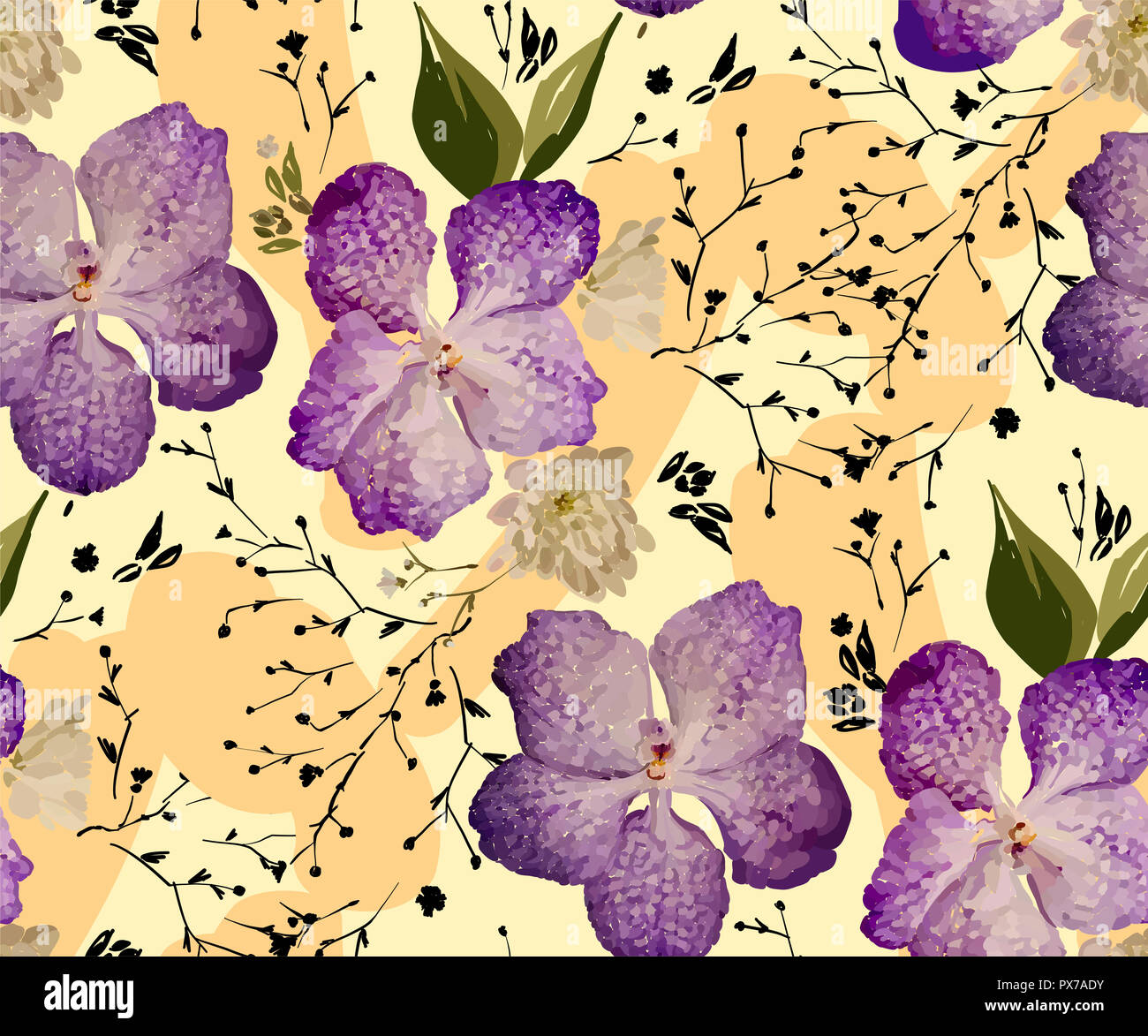 Floral Design nahtlose Muster. Lila Orchideen mit wilden Blumen, Blätter und Pflanzen Hand gezeichnet. Vector Illustration für Textil, Verpackung, Stoff Prin Stockfoto