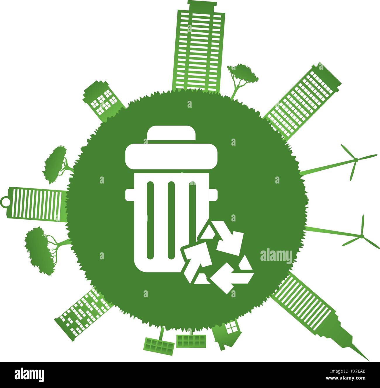 Ökologie grüne Stadt Silhouette mit recycelten bin Vector Illustration Design Stock Vektor