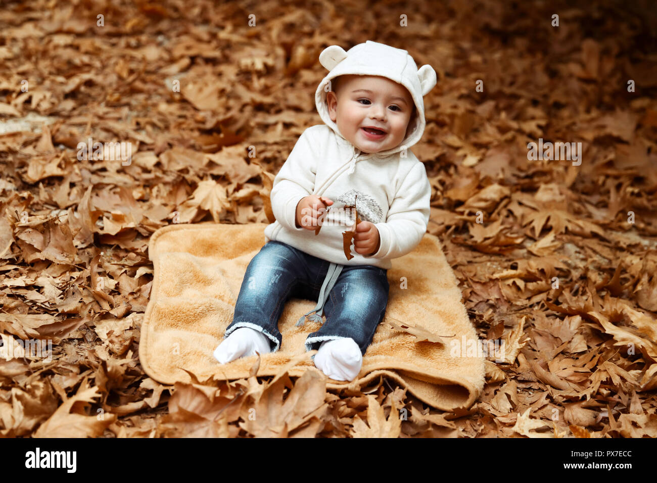 Cute fröhliches Kind Spaß im Herbst Park, süße, kleine Junge sitzt auf dem Boden mit trockenen Baum Blättern bedeckt, fröhliches Kind genießen Herbst Meere Stockfoto