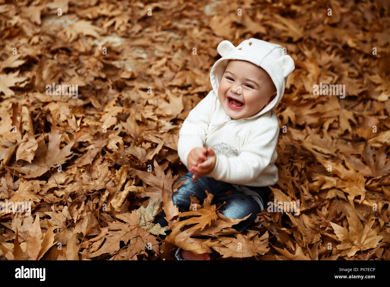 Süße kleine Junge im Stapel der trockenen Baum Blätter sitzen und Lachen, genießen die schöne und warme Wetter der Herbst Stockfoto
