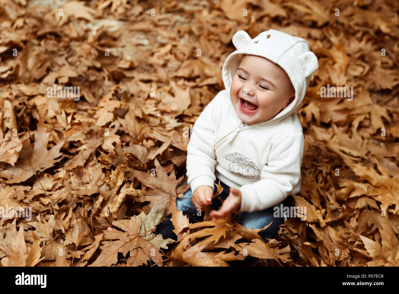 Porträt eines kleinen Jungen lachen, auf dem Boden sitzend mit trockenen Baum Blätter im Wald bedeckt, der im Herbst die Natur genießen. Stockfoto