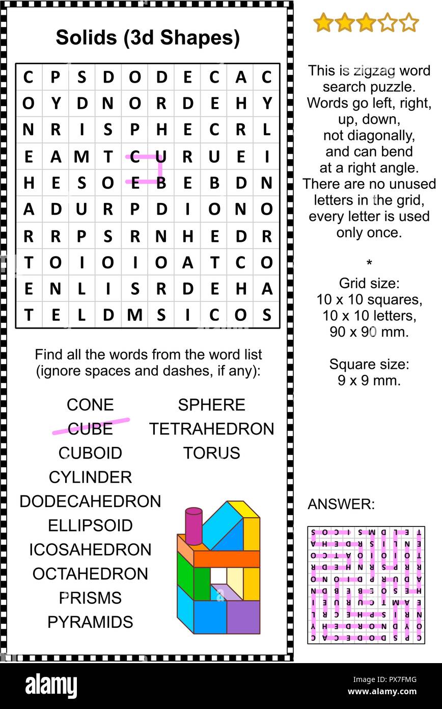 Feststoffe, oder 3D-Formen, themed Zickzack Word Search Puzzle (geeignet sowohl für Kinder und Erwachsene). Antwort enthalten. Stock Vektor