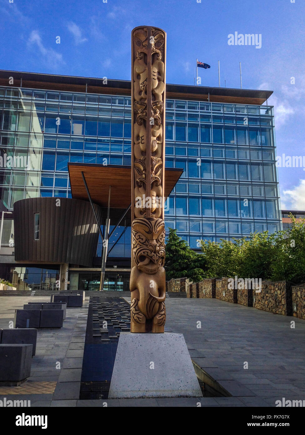 Pouwhenua totem Holz in Christchurch, Südinsel, Neuseeland Stockfoto