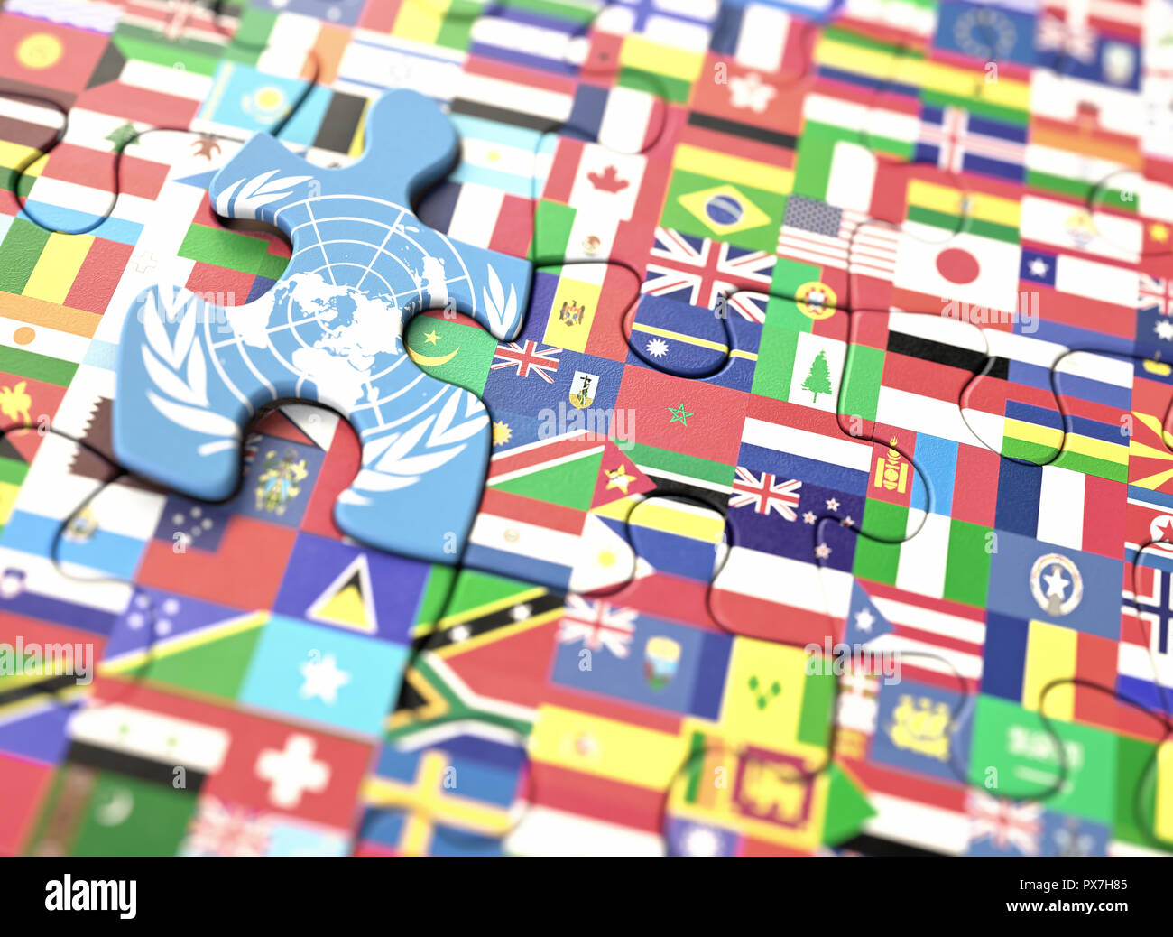 Konzept Puzzle mit mehreren Flaggen der Welt und die Vereinten Nationen in einem markierten Stück. Stockfoto