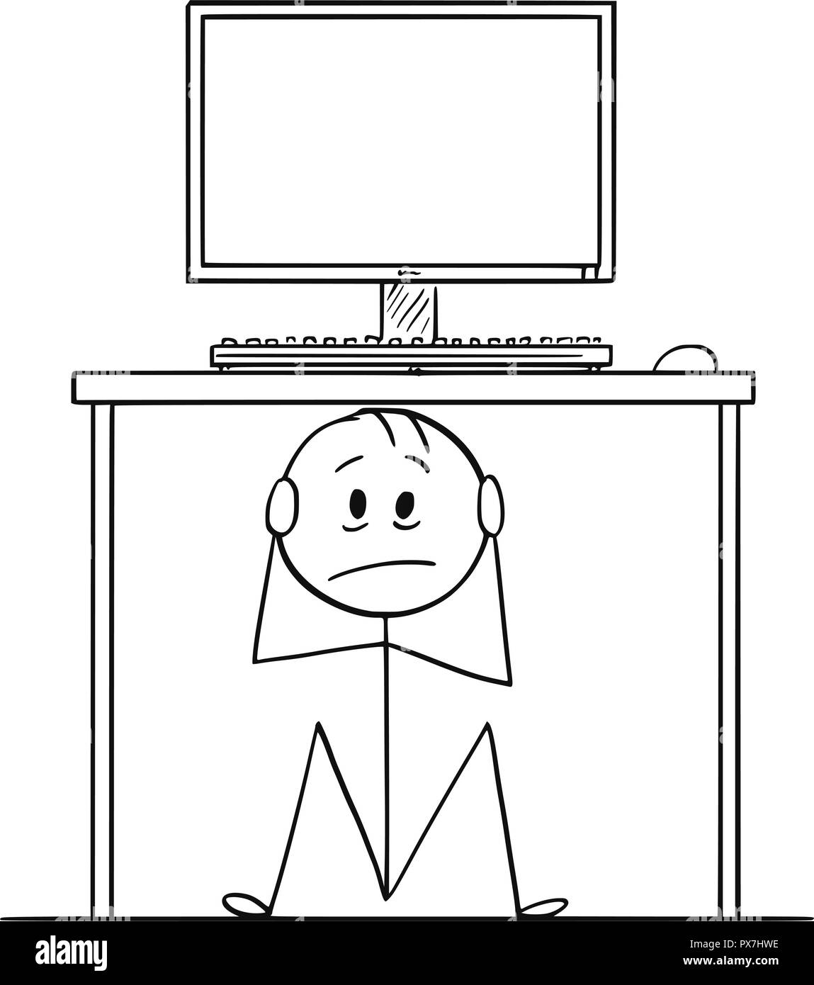 Cartoon von Mann oder Geschäftsmann Sitzen versteckt unter dem Schreibtisch mit Computer Stock Vektor