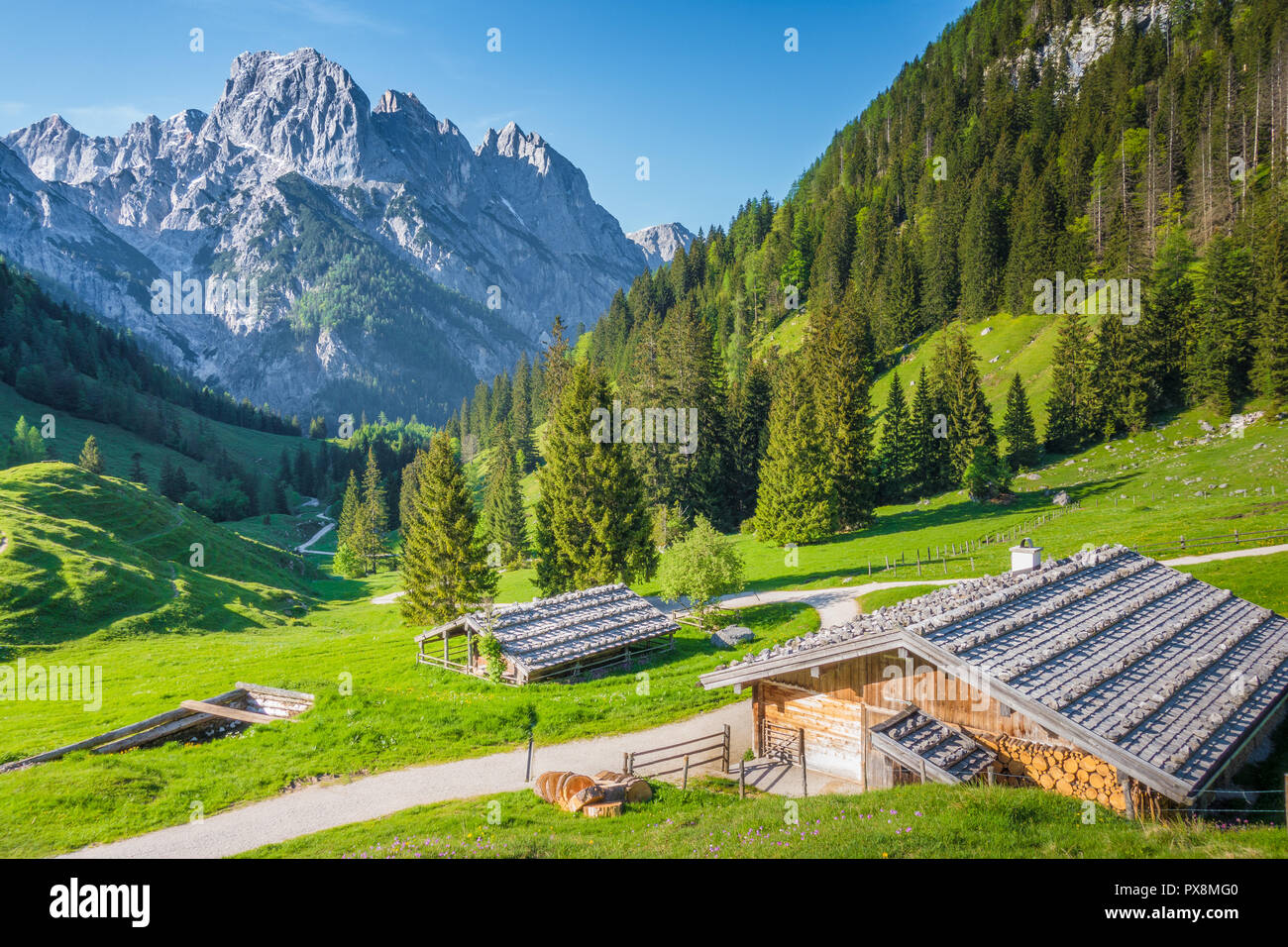 Idyllische Landschaft in den Alpen mit traditionellen Mountain Chalets und frische grüne Almen im Sommer Stockfoto