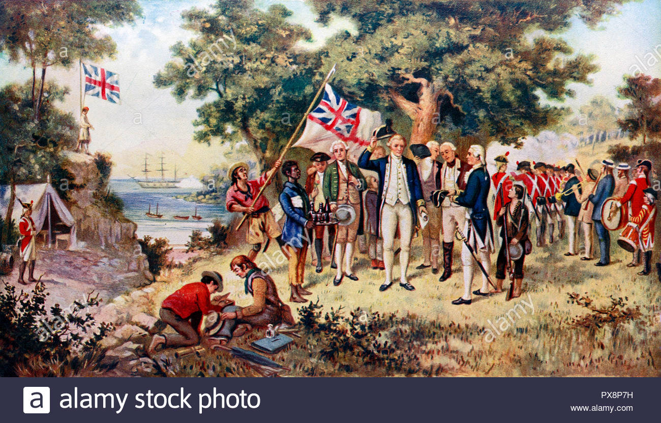 Der britische Entdecker Captain Cook nahm 1770 New South Wales in Besitz, farbige Illustration Stockfoto