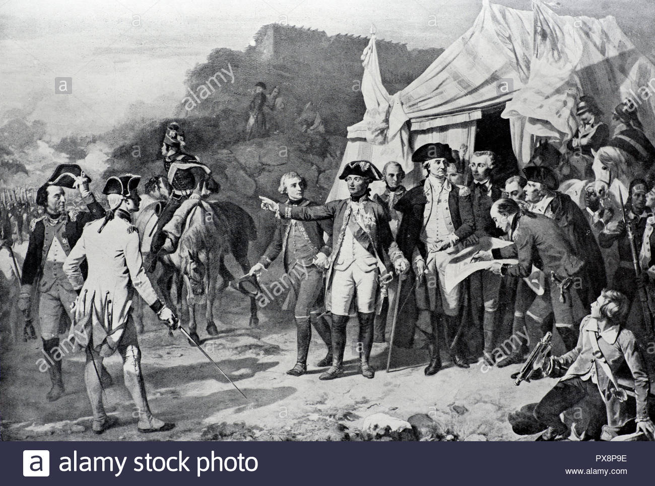 Die Kapitulation von Lieutenant General Charles Cornwallis bei der Belagerung von Yorktown, Virginia, am 19. Oktober 1781, Illustration von 1922 Stockfoto