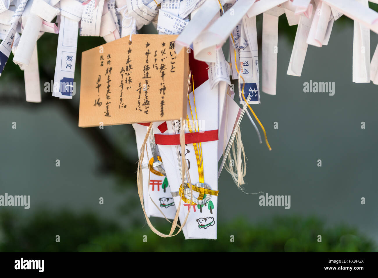 Omikuji oder Wahrsagerei Streifen in die ikuta Heiligtum gründen in Kobe, Japan hängen Stockfoto