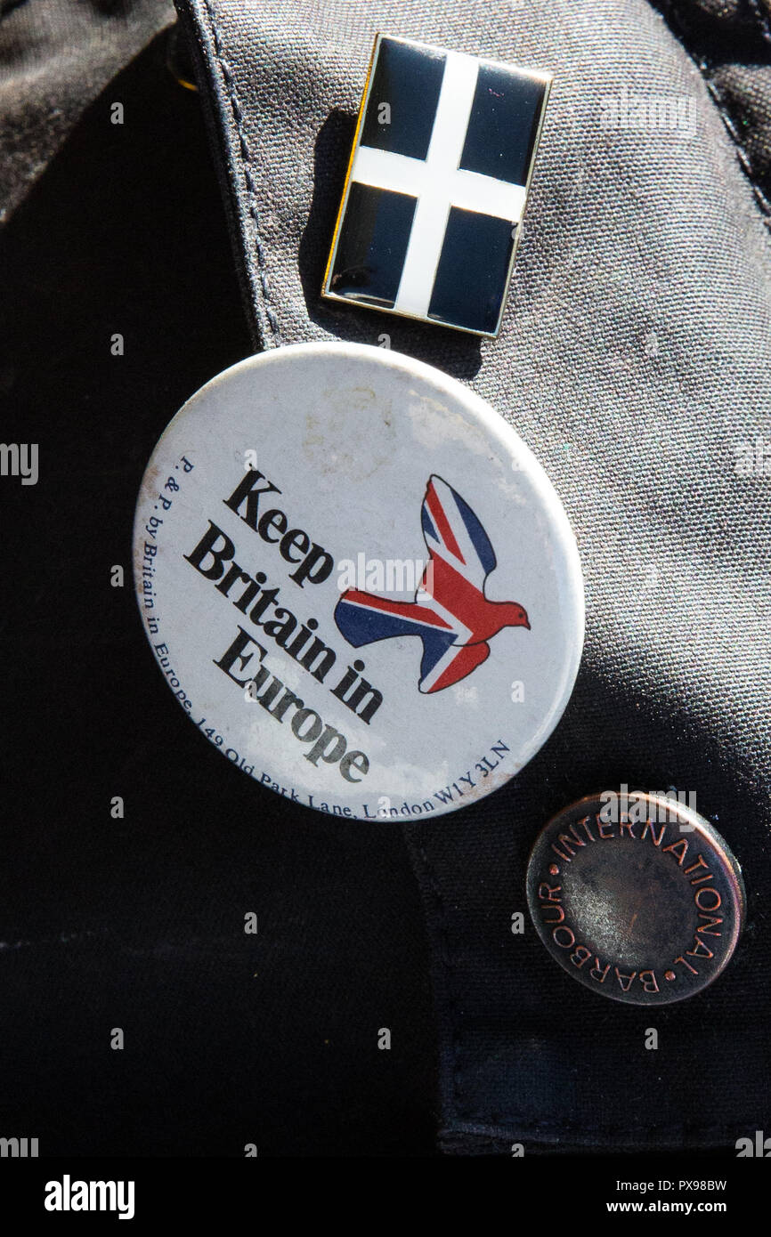 London, Großbritannien. 20. Oktober, 2018. Ein Original 70s pro-Europa Abzeichen werden von einem Mann unter Hunderten von Tausenden von Menschen, die an der Abstimmung März für die Zukunft eine Abstimmung über die endgültige Brexit Angebot zu Nachfrage getragen. Die Abstimmung ist eine Kampagne, die durch offene Großbritannien unterstützt, Europäische Bewegung Deutschland, Großbritannien für Europa, Wissenschaftler für die EU, gesünder, unsere Zukunft unsere Wahl, für unsere Zukunft Willen, Wales für Europa und InFacts. Credit: Mark Kerrison/Alamy leben Nachrichten Stockfoto