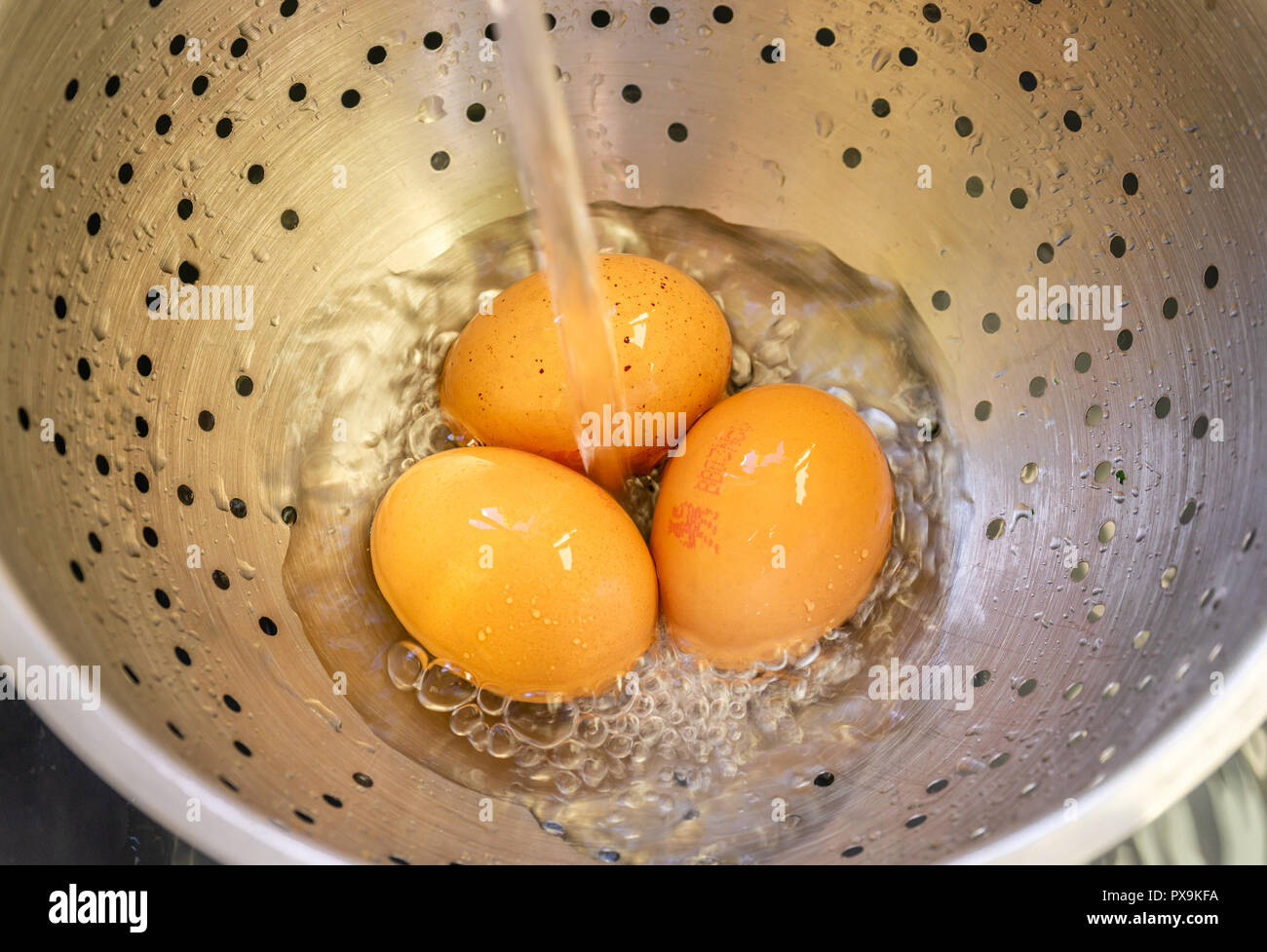Abschrecken/Kühlung frisch gekochte Eier unter kaltem Wasser nach dem Kochen Stockfoto