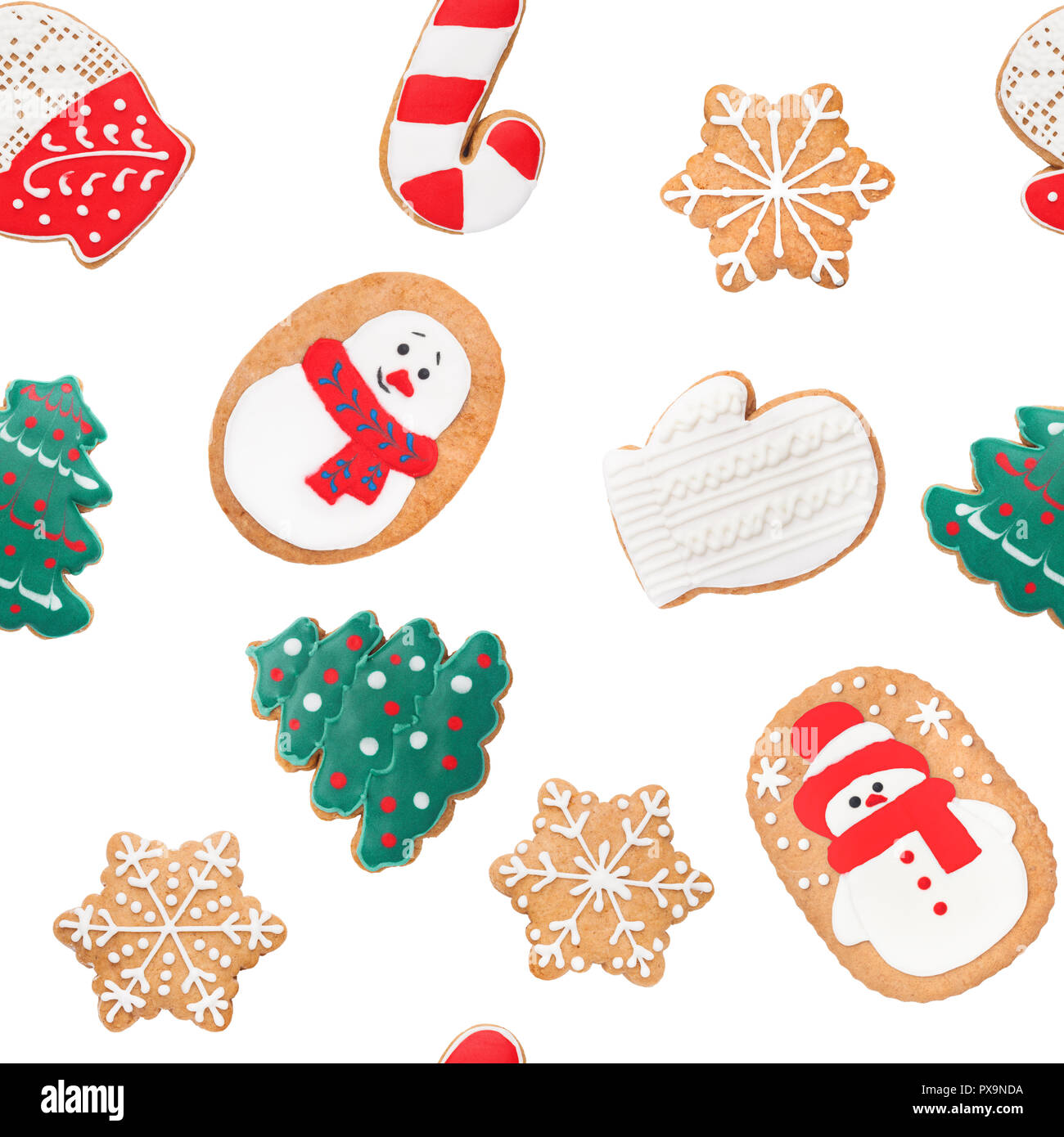 Neues Jahr nahtlose Hintergrund, Lebkuchen auf weißem Hintergrund Stockfoto