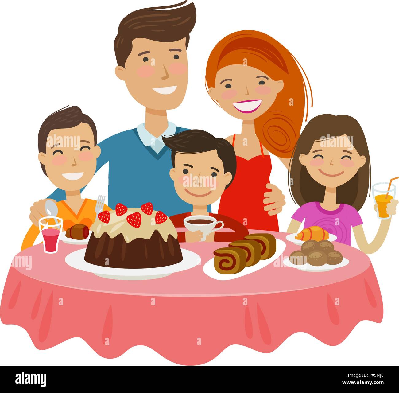 Glückliche Familie an den Tisch. Feier, tableful Konzept. Cartoon Vector Illustration Stock Vektor
