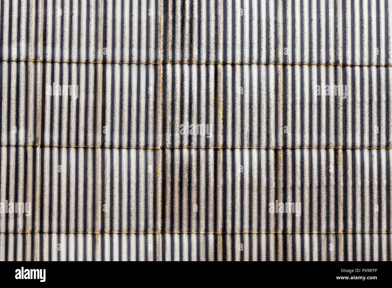 Alte Dach von grauem Schiefer, bedeckt mit Schimmel und Moos Stockfoto