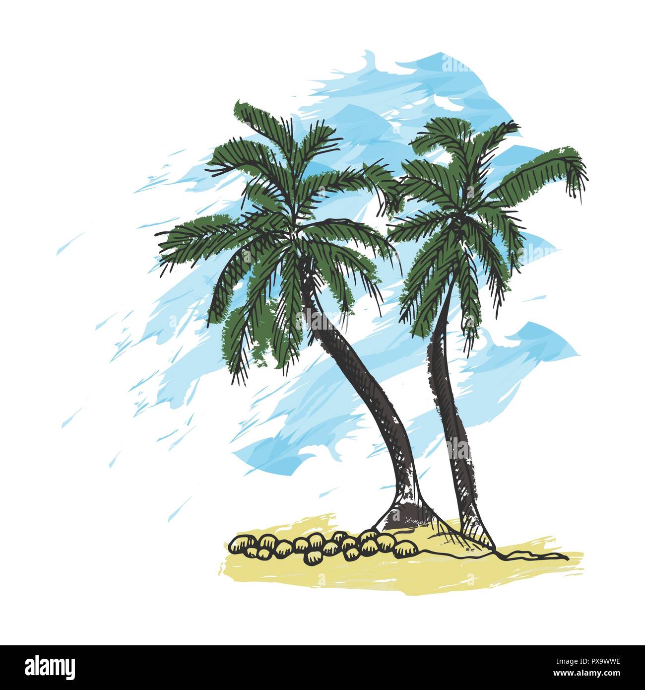 Palmen und blauer Himmel. Tropical Beach hand gezeichnete Skizze. Stock Vektor