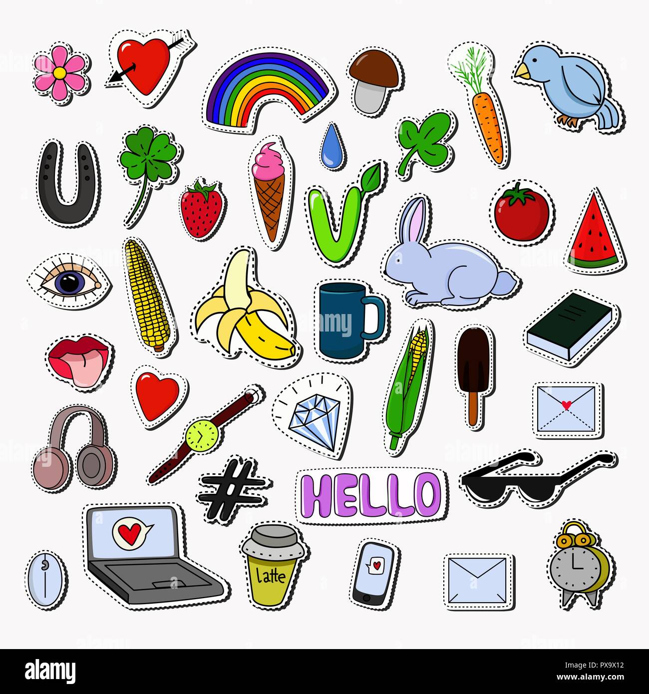 Aufkleber Sammlung auf grauem Hintergrund. Cute patch Abzeichen und Aufkleber. Mode pop art Stifte. Stock Vektor