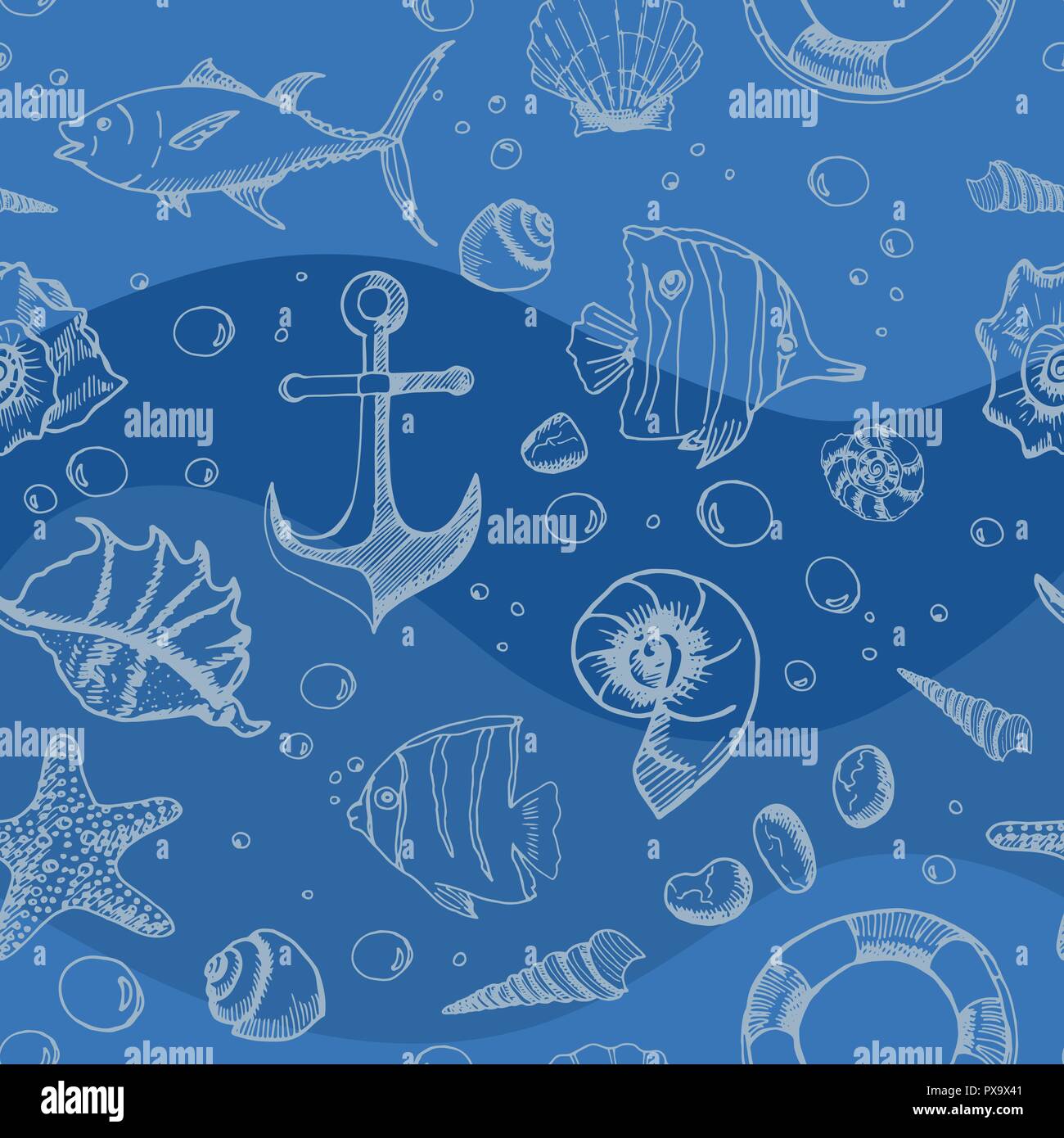 Marine nahtlose Muster. Hand meer Elemente dargestellt. Anker, Fische und Muscheln Muster für Geschenkpapier Design. Stock Vektor