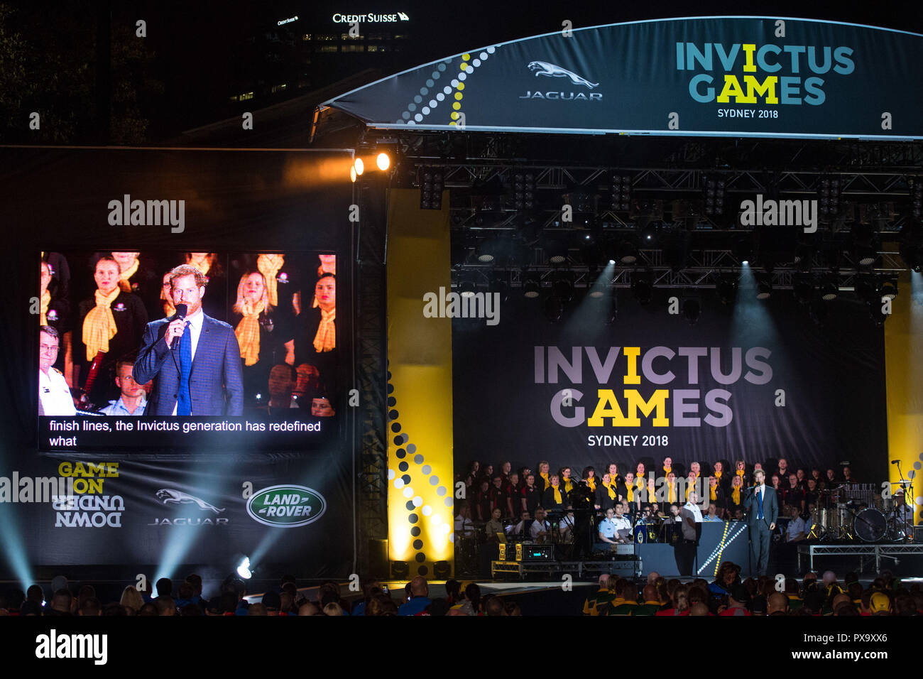 Der Herzog von Sussex spricht auf der Bühne am Invictus Games 2018 Eröffnungsfeier, an der Sydney Opera House, am fünften Tag des königlichen Paar Besuch in Australien. Stockfoto