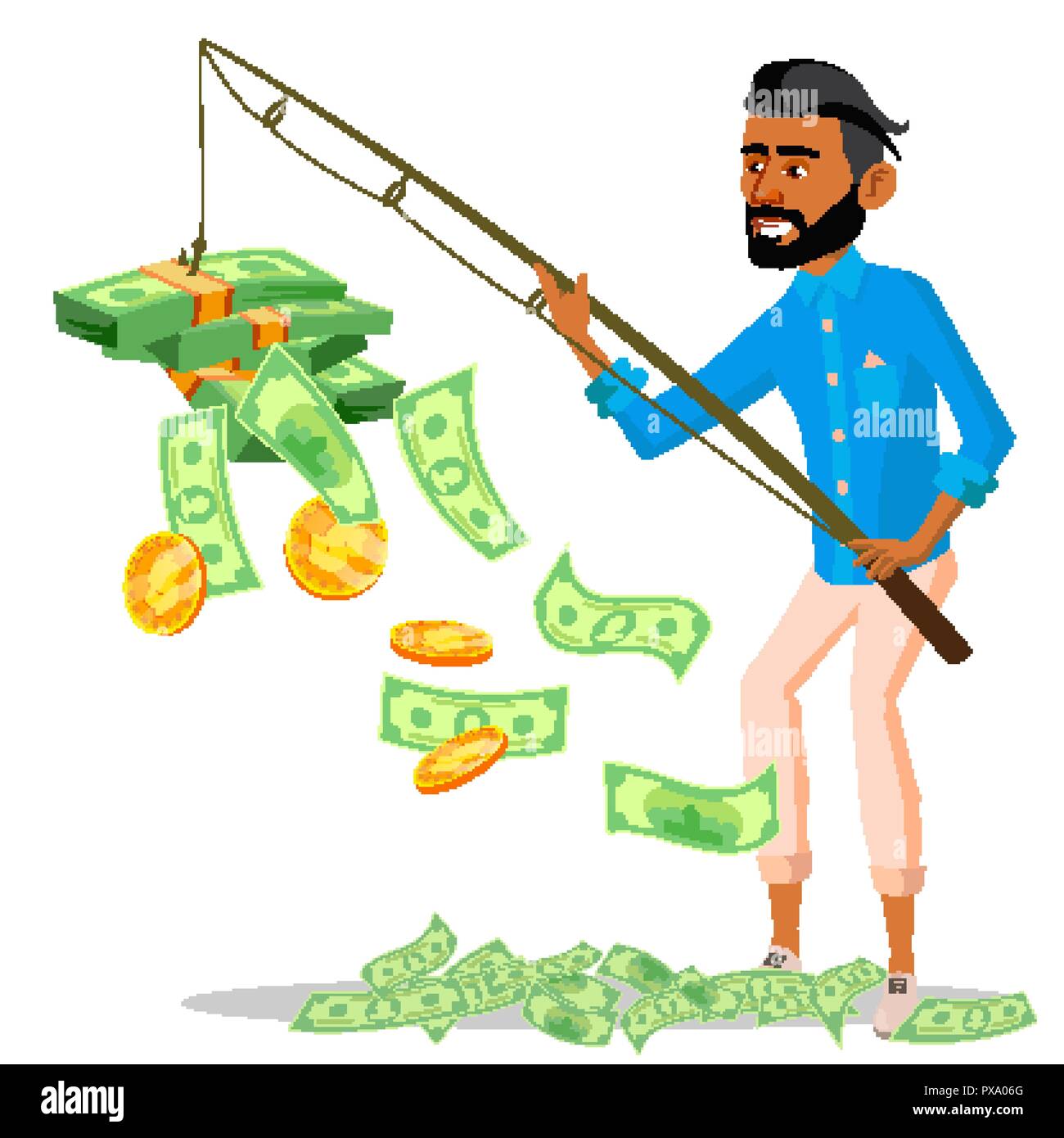 Lucky Geschäftsmann mit einer Angelrute in der Hand und Haufen Geld in der Nähe von Vector. Isolierte Abbildung Stock Vektor
