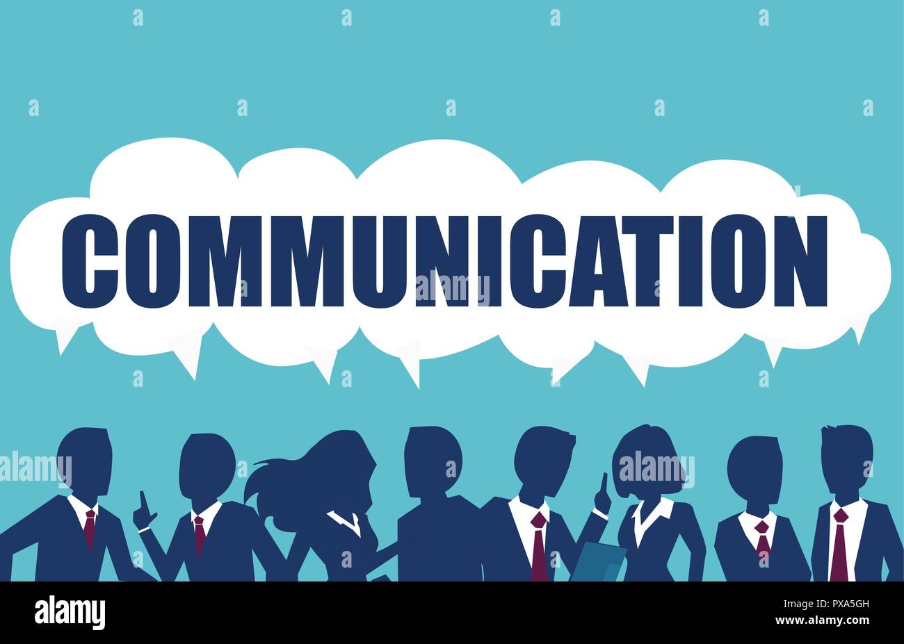 Gruppe junger Geschäftsleute sprechen zusammen mit Dialog Sprechblasen über dem Kopf. Kommunikation, Teamwork und den Anschluss vektor Konzept Stock Vektor