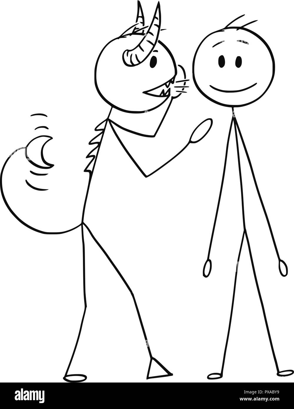 Cartoon von Teufel oder Dämon Flüstern ein Geheimnis oder Beratung im Ohr des Menschen Stock Vektor