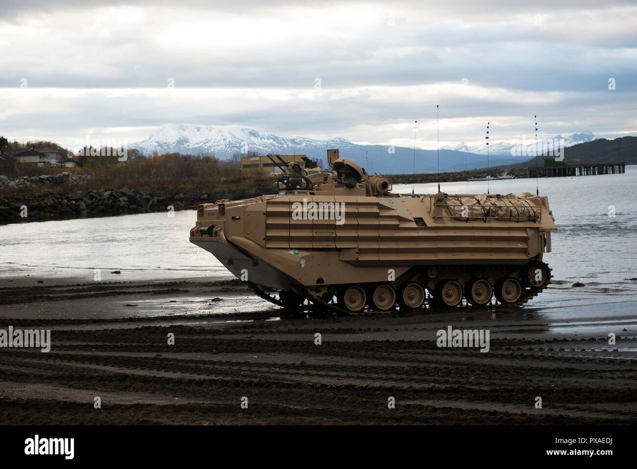 181017-VO 150-0780 (Okt. 2010) 17, 2018) - ein Angriff Amphibienfahrzeug von der 2 Assault Amphibian Bataillon betrieben, 2nd Marine Division, beginnt, Strand Ausstieg aus der Strand in Bogen, Norwegen, Oktober 17, 2018, zum Marshalling Area nach Abschluss der deep-water Transit von Usns 1 Lt Baldomero Lopez (T-AK 3010) während der Übung im Norden. Northern Bildschirm ist eine bilaterale Übung für das United States Marine Corps' Marine Rotational Force-Europe (MRF-E) und norwegische Militär, und findet in der Nähe von Setermoen, Norwegen, von Okt. 24 bis Nov. 7, 2018. (U.S. Marine Foto von Masse C Stockfoto