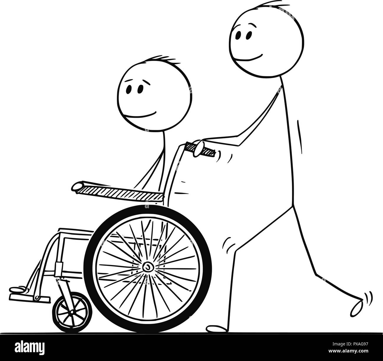 Cartoon von Mann treibt ein Rollstuhl mit behinderten Menschen Stock Vektor
