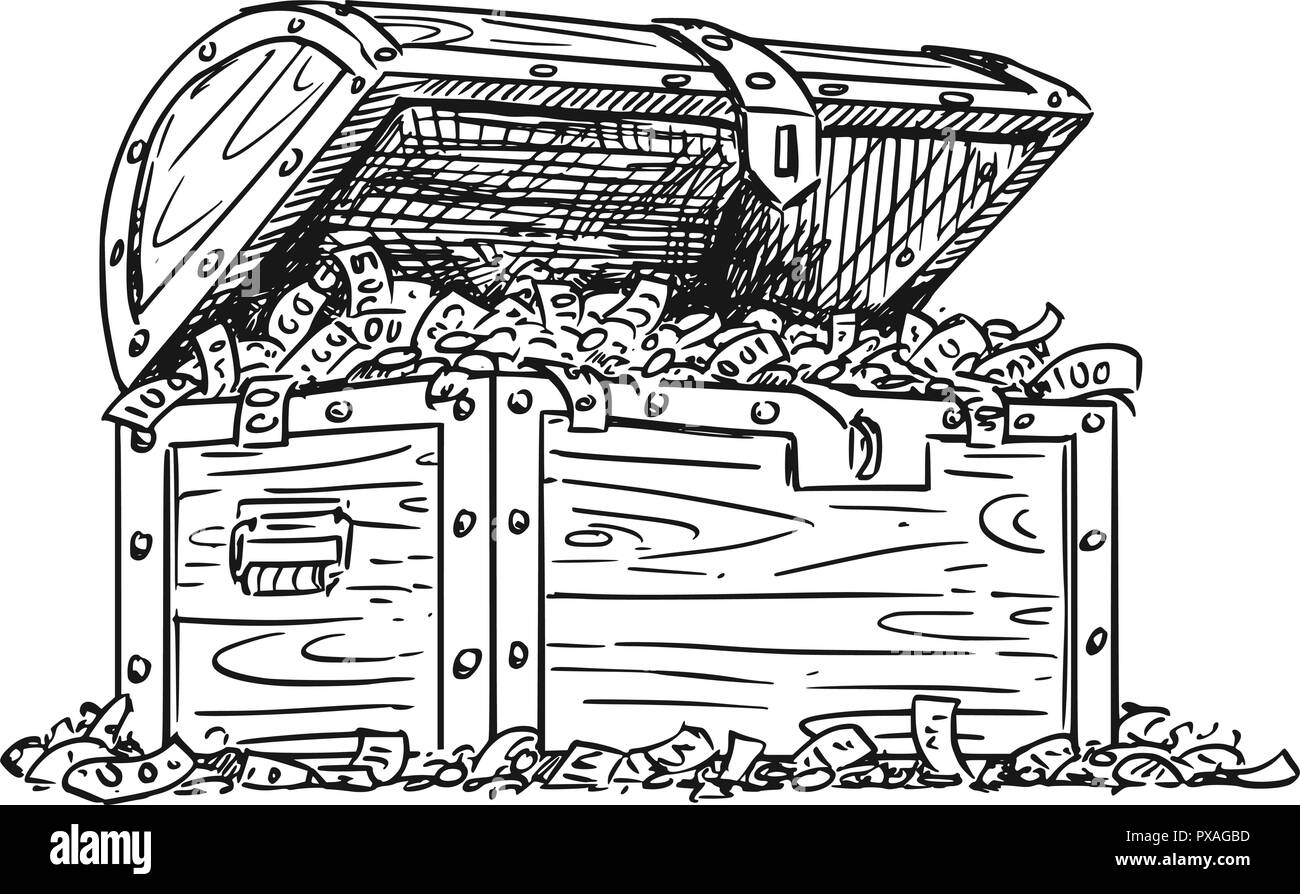 Cartoon Zeichnung der hölzernen Schatztruhe voller Geld Stock Vektor