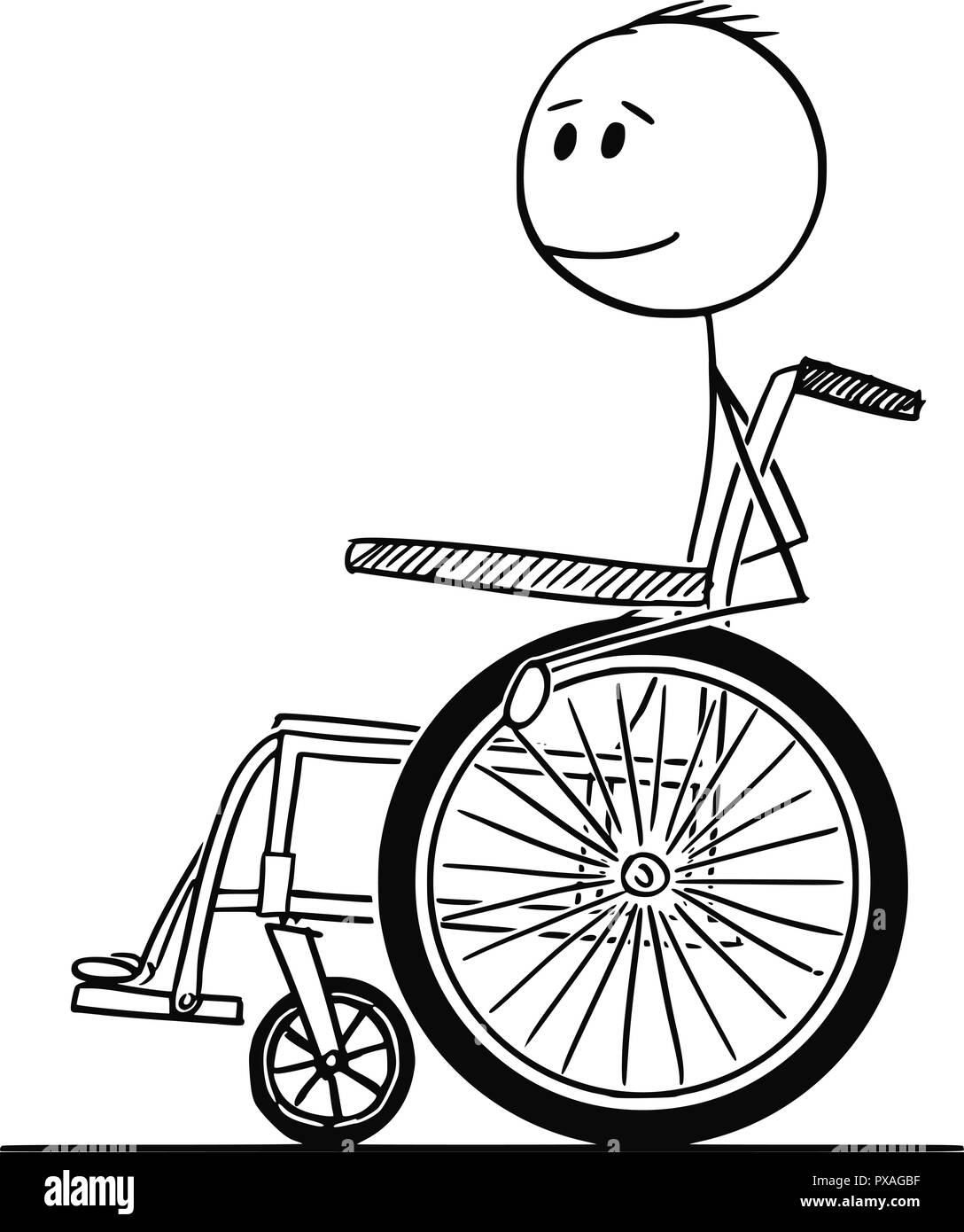 Cartoon von lächelnden behinderten Mann sitzt auf Rollstuhl Stock Vektor