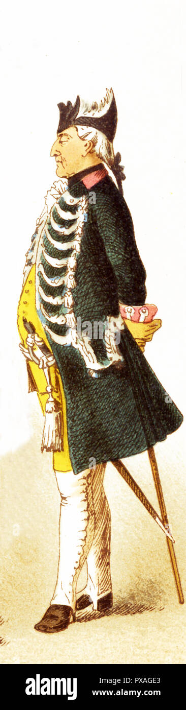 Im Bild dargestellt ist ein Deutscher Offizier der Infanterie der Wache in den 1700er Jahren. Die Abbildung stammt aus dem Jahre 1882. Stockfoto