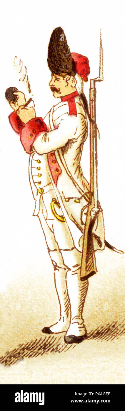 Die Abbildung hier vertreten ist eine österreichische Grenadier 1748. Die Abbildung stammt aus dem Jahre 1882. Stockfoto