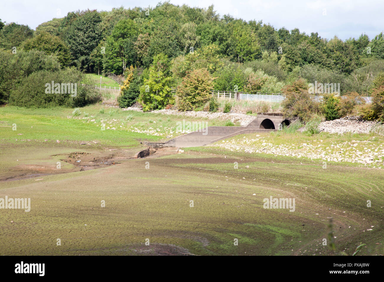 Niedrige Wasserstände im Sommer 2018 bei Dürre betroffenen Behälter Tittsworth Tittsworth vom Wanderweg in der Nähe von Peak District Leek Staffordshire England Stockfoto