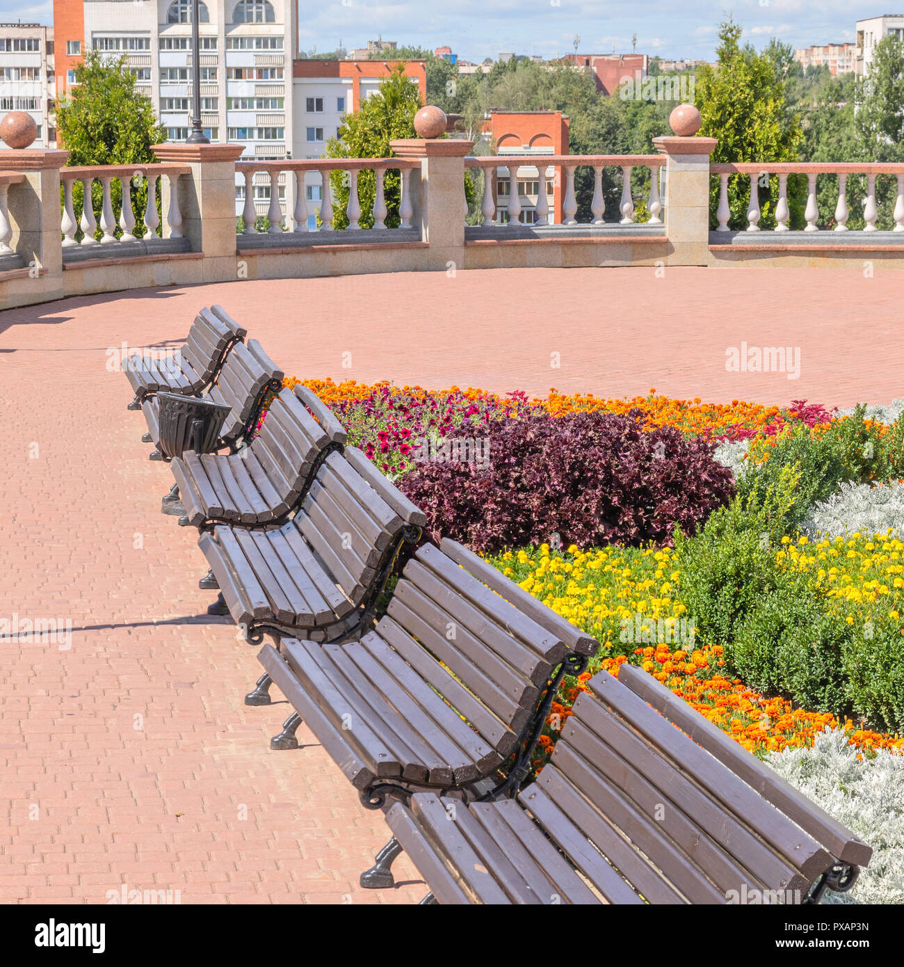 Stadtbild mit bunten Blumenbeet und mit Bänken in der Perspektive Stockfoto