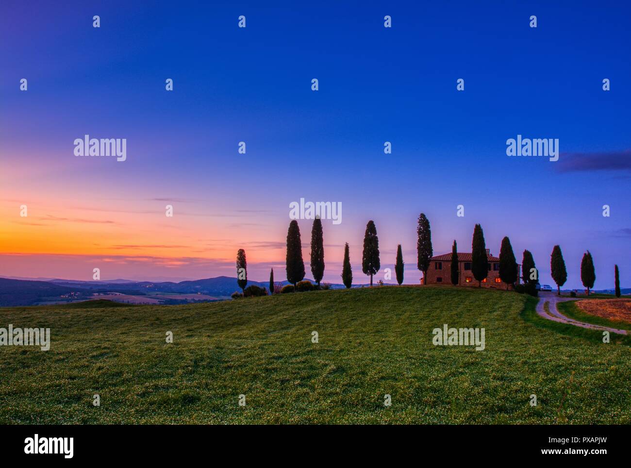 Toskana, Italien - Juli 6, 2018: Zypressen und Wiese mit typisch toskanisches Haus, Val d'Orcia, Italien - Toskana Stockfoto