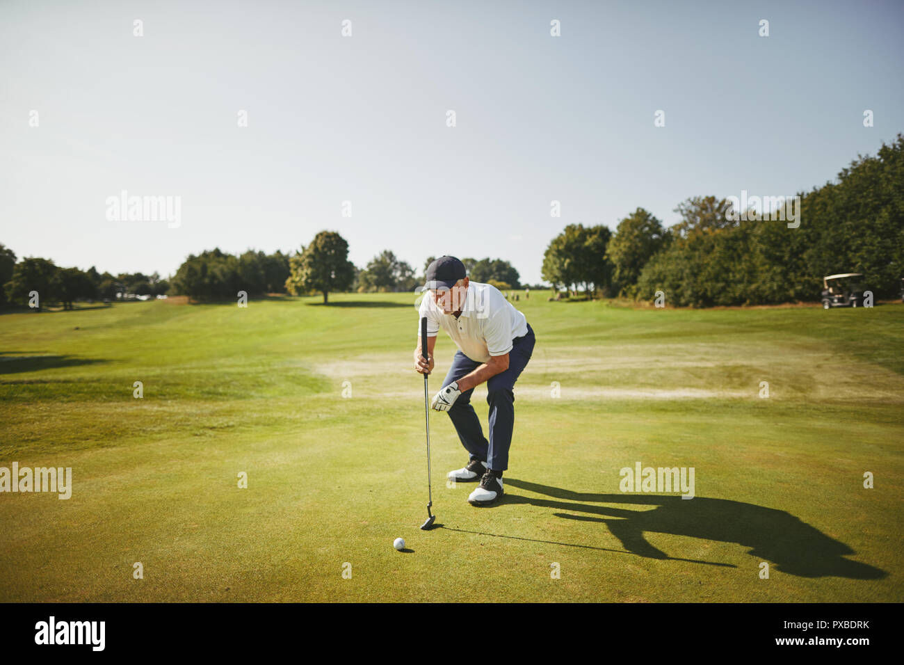 Sportliche älterer Mann beäugte das Grün, bevor ein Schlag, während Sie eine Runde Golf spielen an einem sonnigen Tag Stockfoto