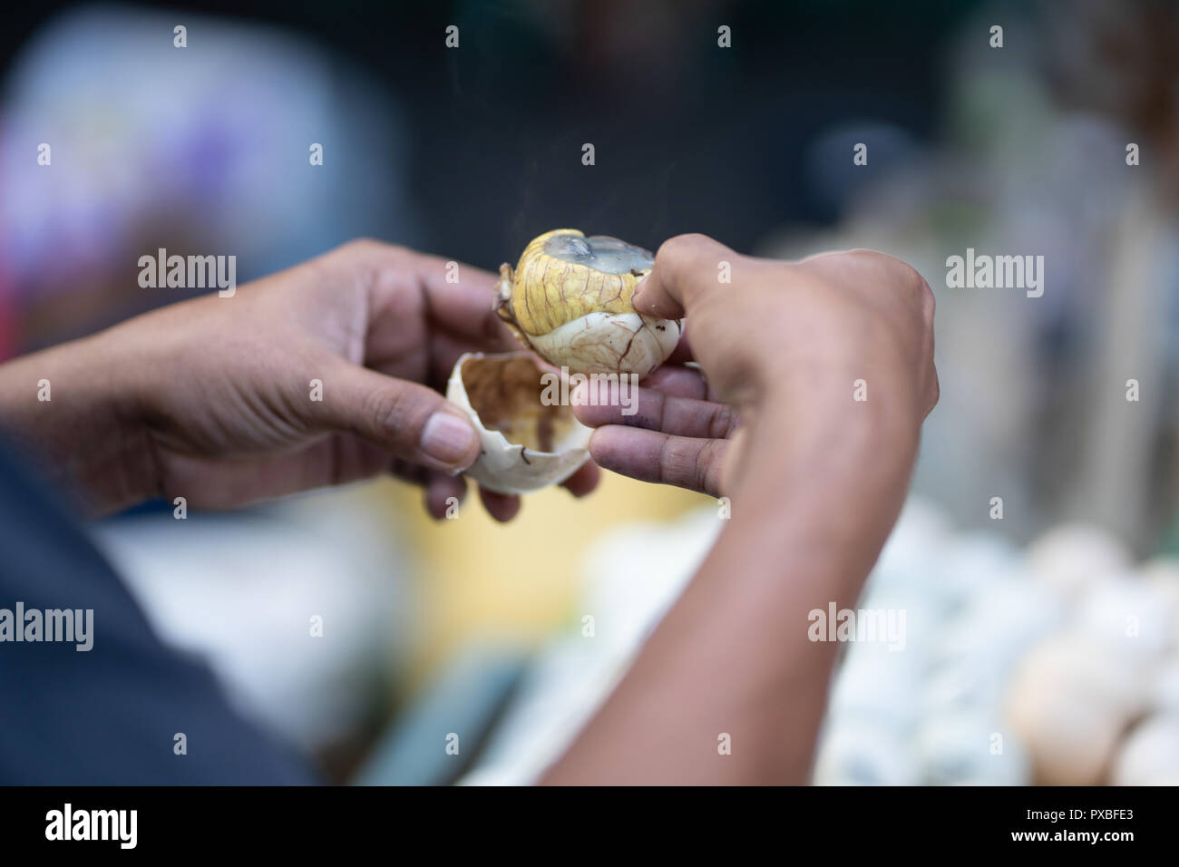Balut ist ein befruchtetes Ei inkubiert Ente zwischen 14-21 Tage dann gekocht oder gedünstet. eine Delikatesse auf den Philippinen, die gemeinhin als Snack gegessen als Stockfoto