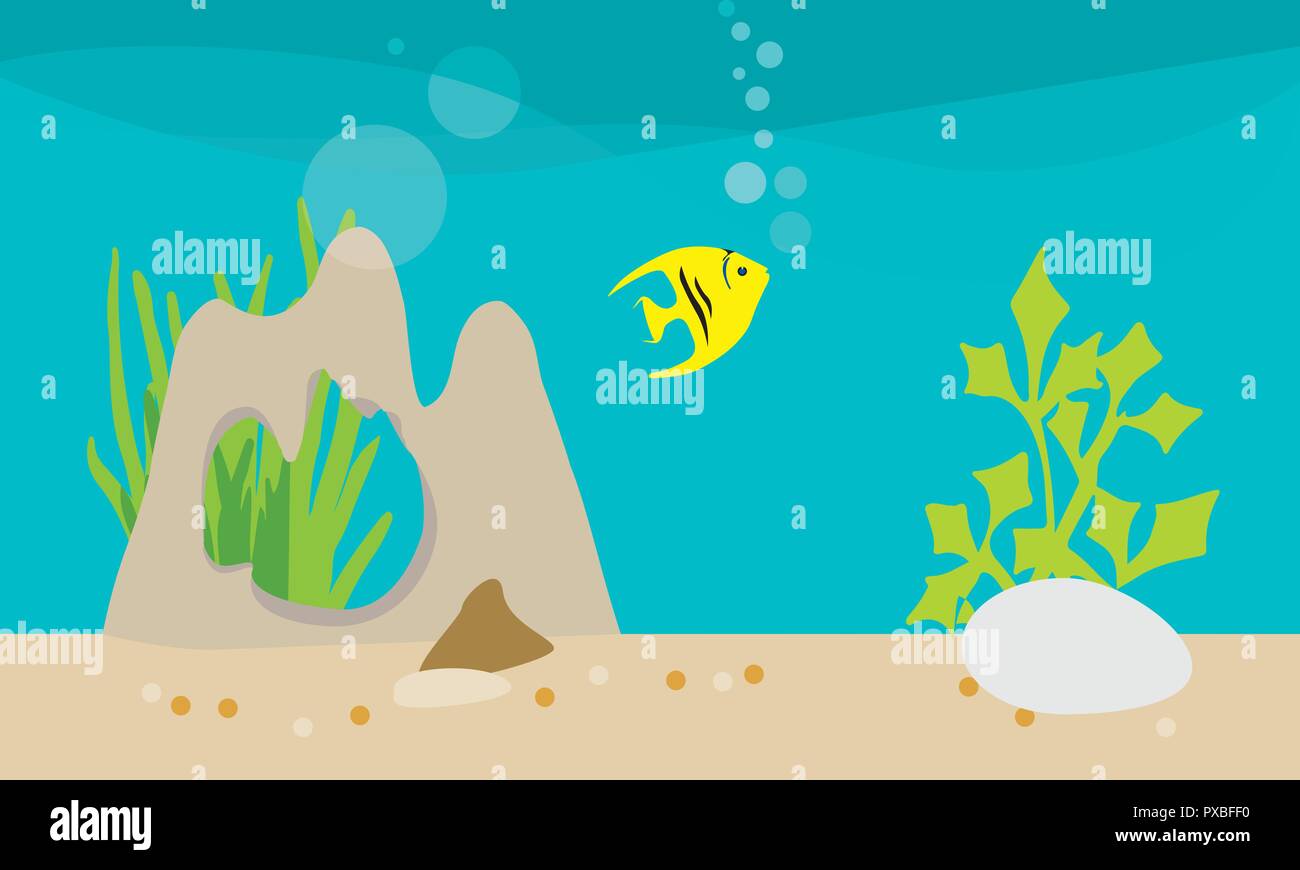 Flaches Design Illustration des Lebens in einem Aquarium mit Dekorationen, Felsen und Pflanzen, schwebenden Kaiserfische und Blasen-Vektor Stock Vektor