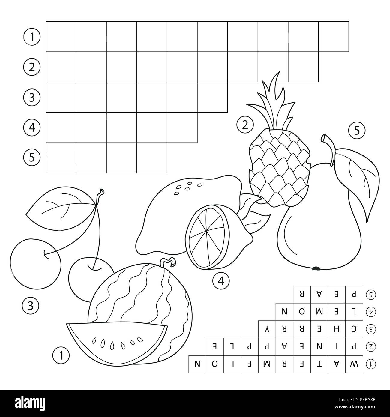 Kreuzworträtsel Spiel mit Früchten. Pädagogische Seite für Kinder - Englische Wörter Stock Vektor